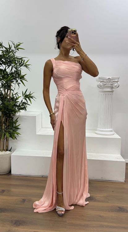 Somon Tek Omuz Drape Detay Şifon Abiye Elbise