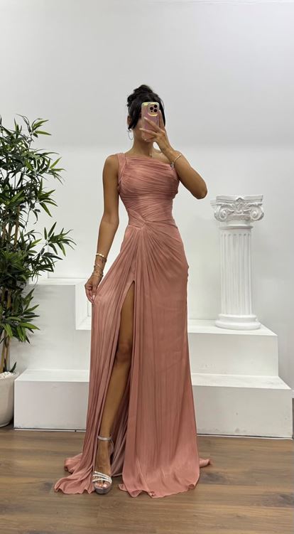 Somon Tek Omuz Drape Detay Şifon Abiye Elbise