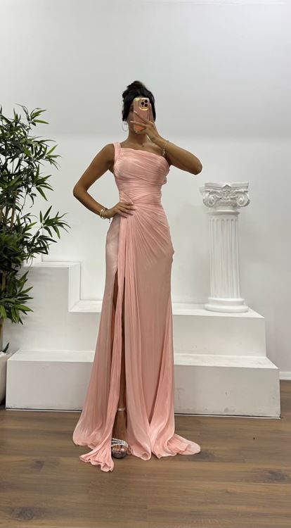 Somon Tek Omuz Drape Detay Şifon Abiye Elbise