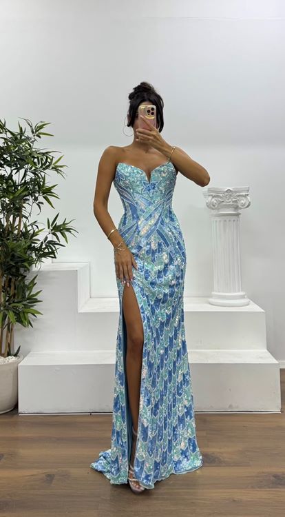 Açık Mavi Straplez Özel İşlemesi Abiye Elbise