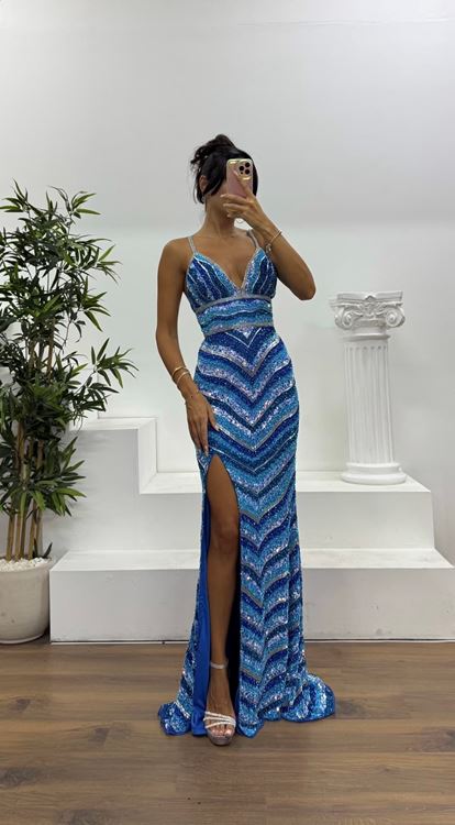 Mavi İp Askılı Özel El İşlemesi Abiye Elbise