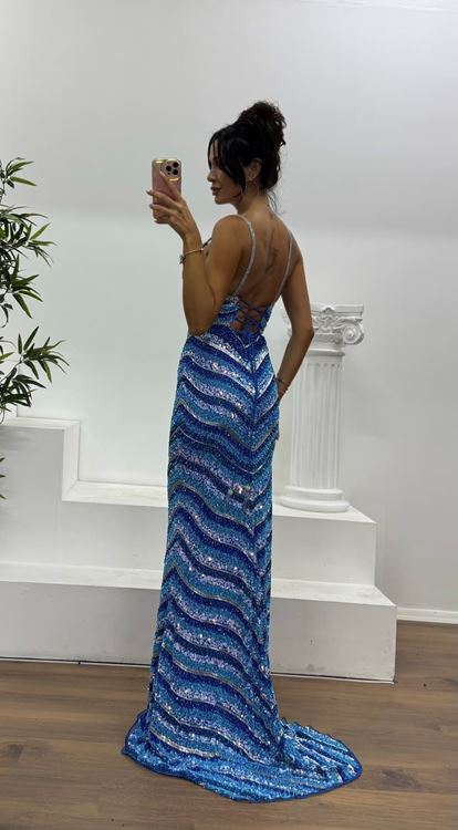 Mavi İp Askılı Özel El İşlemesi Abiye Elbise