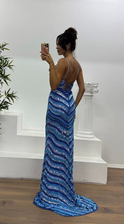 Mavi İp Askılı Özel El İşlemesi Abiye Elbise