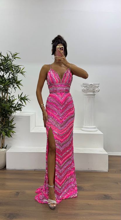 Neon Pembe İp Askılı Özel El İşlemesi Abiye Elbise