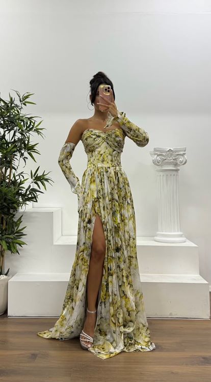 Safran Kalp Yaka Desenli Abiye Elbise