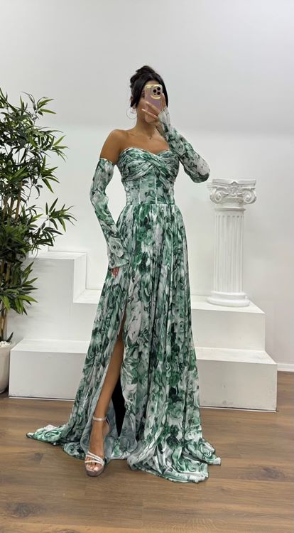 Emerald Sweetheart Neck Patterned Evening Dress