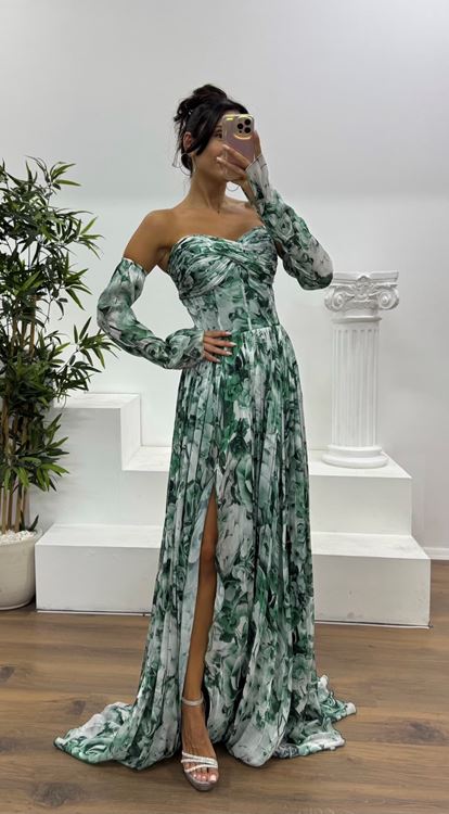 Emerald Sweetheart Neck Patterned Evening Dress