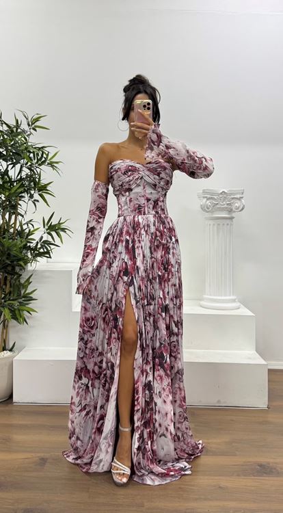 Bordo Kalp Yaka Desenli Abiye Elbise