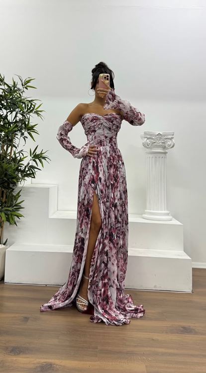 Bordo Kalp Yaka Desenli Abiye Elbise