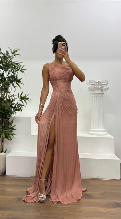 Tarçın Tek Omuz Drape Detay Şifon Abiye Elbise