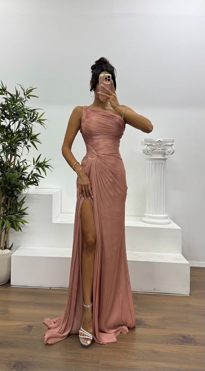 Tarçın Tek Omuz Drape Detay Şifon Abiye Elbise