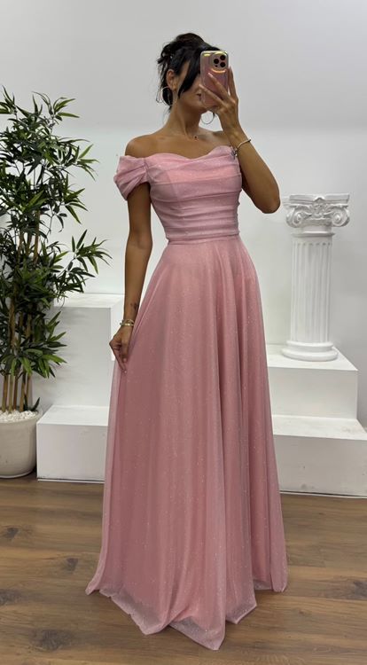 Pudra Göğsü Drapeli Abiye Elbise