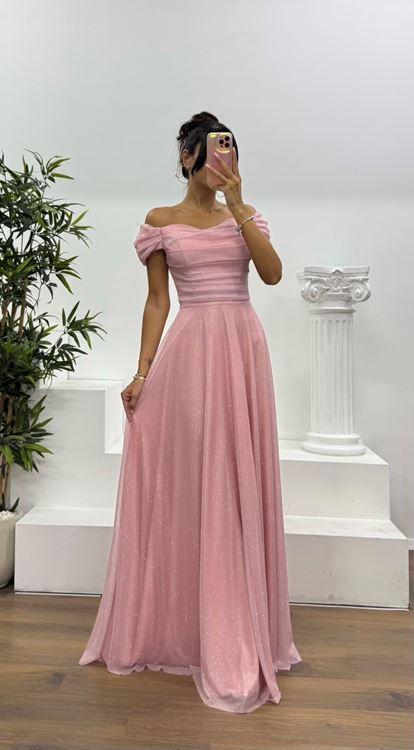 Pudra Göğsü Drapeli Abiye Elbise