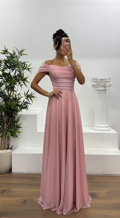 Pudra Göğsü Drapeli Abiye Elbise
