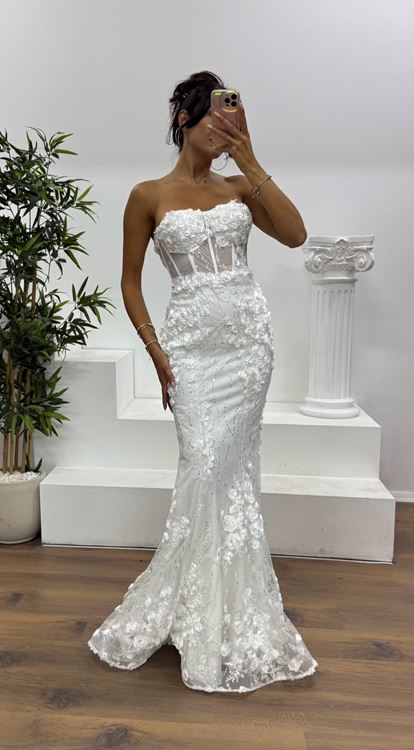 Kemik Straplez Transparan Gül Detaylı Abiye Elbise