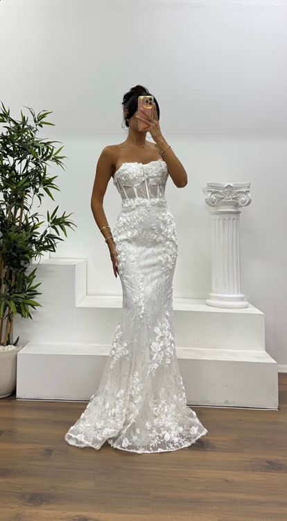 Kemik Straplez Transparan Gül Detaylı Abiye Elbise