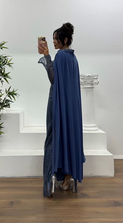 İndigo Pelerinli İşlemeli Abiye Elbise