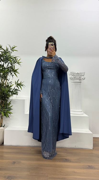 İndigo Pelerinli İşlemeli Abiye Elbise