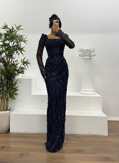 Lacivert Kare Yaka İşlemeli Abiye Elbise