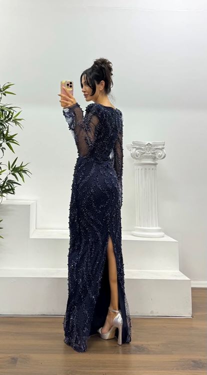 Lacivert Kare Yaka İşlemeli Abiye Elbise