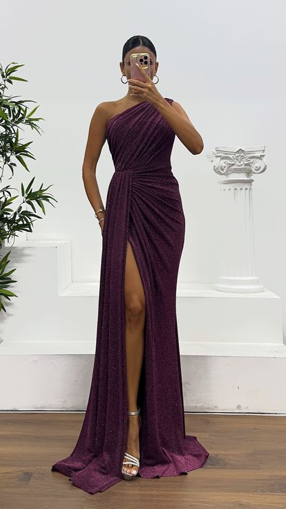 Murdum One Shoulder Glittery Evening Dress