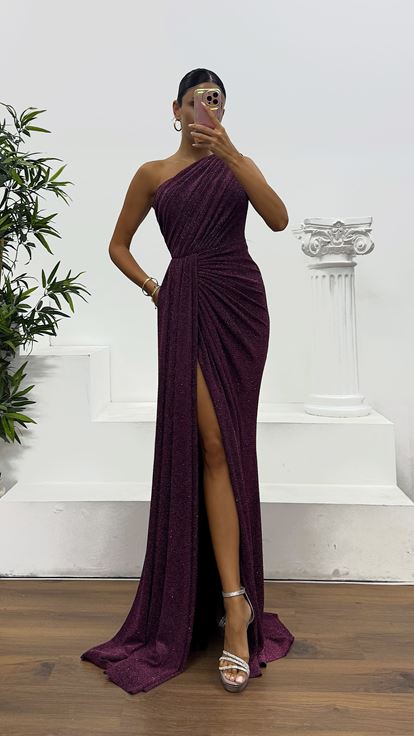 Murdum One Shoulder Glittery Evening Dress