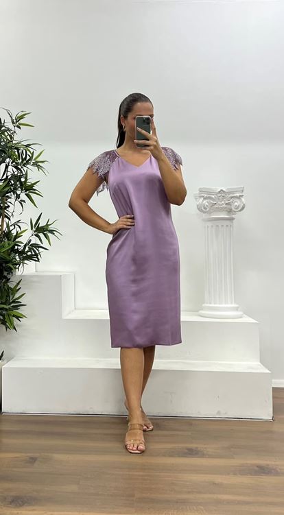 Gül Kurusu İşleme Detay Saten Büyük Beden Abiye Elbise