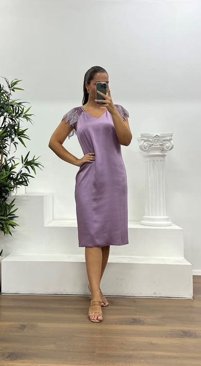 Gül Kurusu İşleme Detay Saten Büyük Beden Abiye Elbise