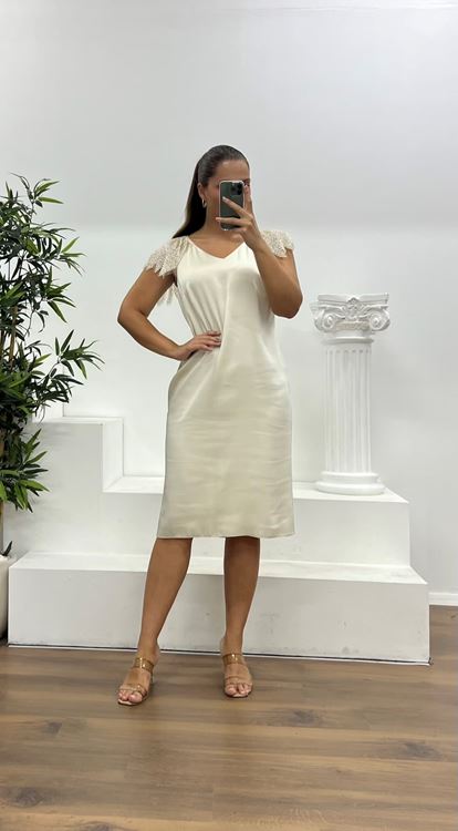 Ekru İşleme Detay Saten Büyük Beden Abiye Elbise