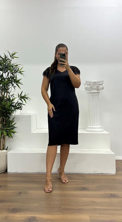 Siyah İşleme Detay Saten Büyük Beden Abiye Elbise