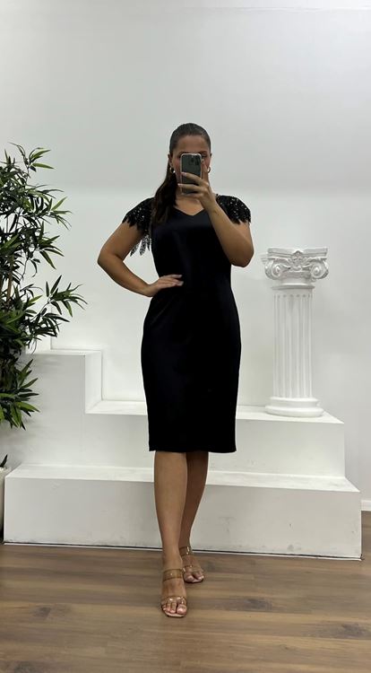 Siyah İşleme Detay Saten Büyük Beden Abiye Elbise