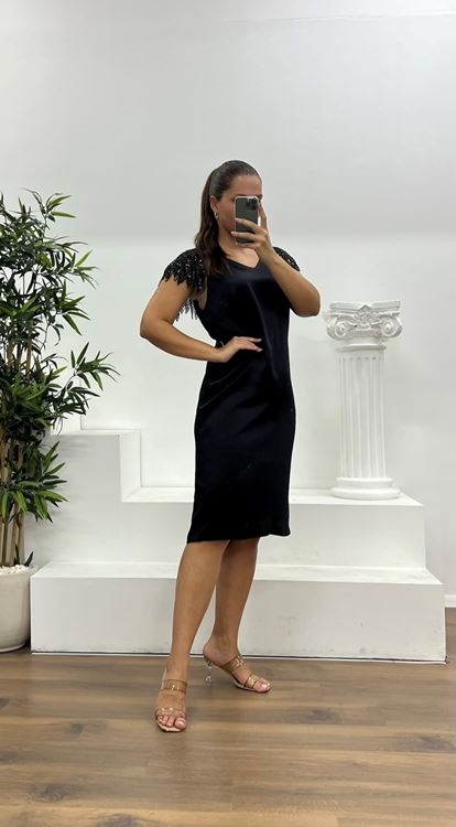 Siyah İşleme Detay Saten Büyük Beden Abiye Elbise