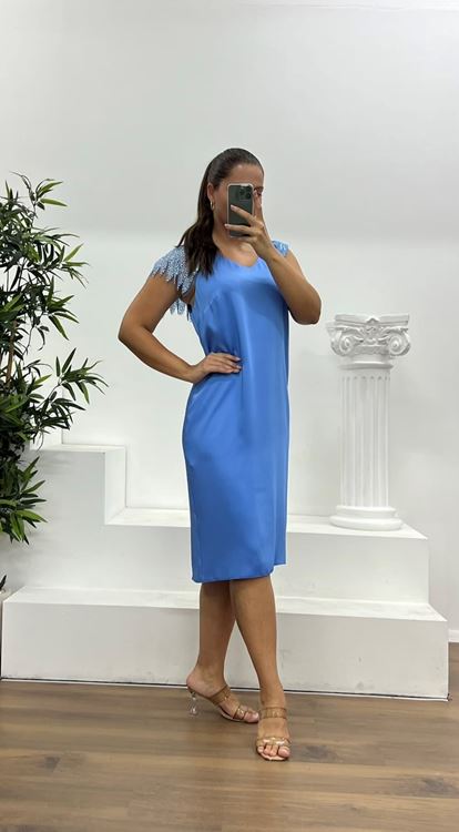 Mavi İşleme Detay Saten Büyük Beden Abiye Elbise