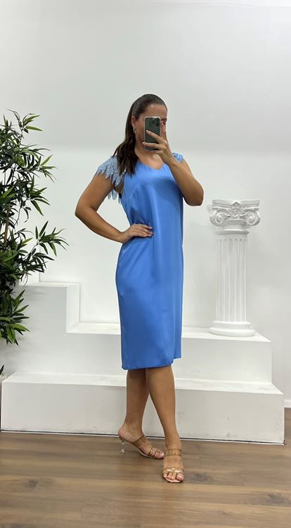 Mavi İşleme Detay Saten Büyük Beden Abiye Elbise