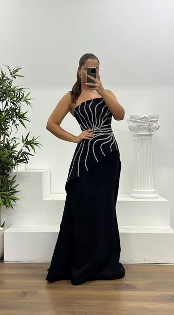 Siyah Straplez İşleme Detay Büyük Beden Abiye Elbise