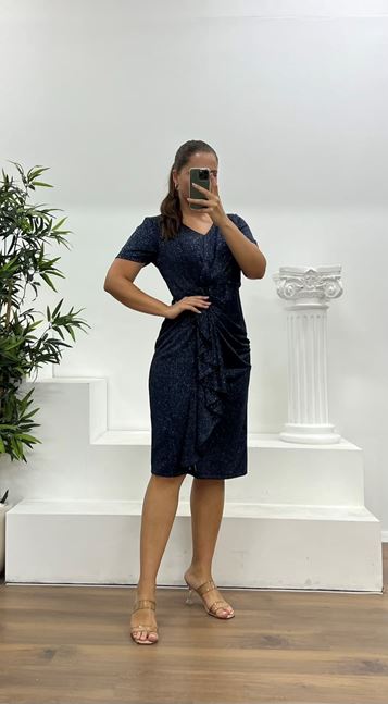 Navy Blue Glittery Midi Length Plus Size Evening Dress