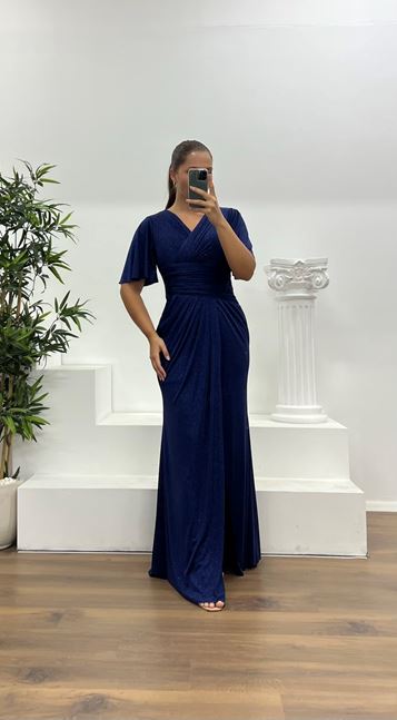 Vestido de noche azul marino con cintura drapeada y brillo, talla grande