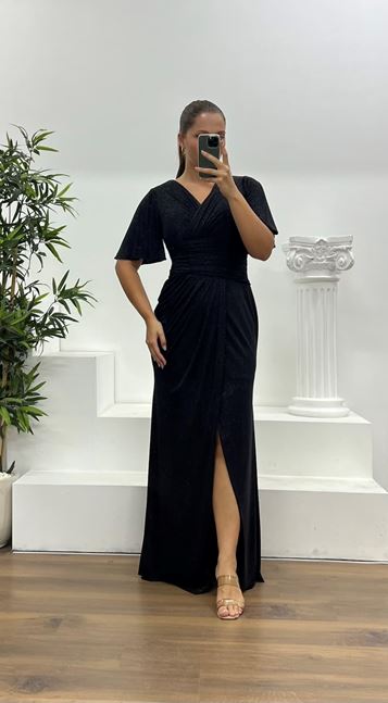Vestido de noche negro drapeado con cintura brillante, talla grande