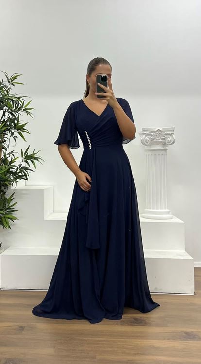 Navy Blue Chiffon Plus Size Evening Dress
