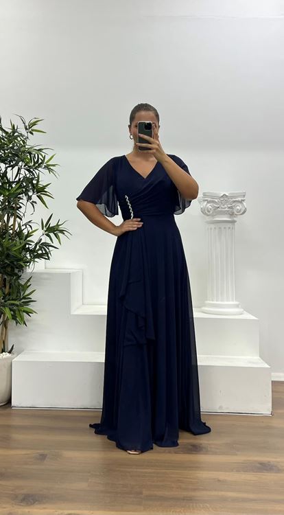 Navy Blue Chiffon Plus Size Evening Dress