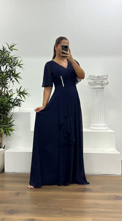 Navy Blue Chiffon Plus Size Evening Dress