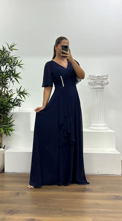 Navy Blue Chiffon Plus Size Evening Dress