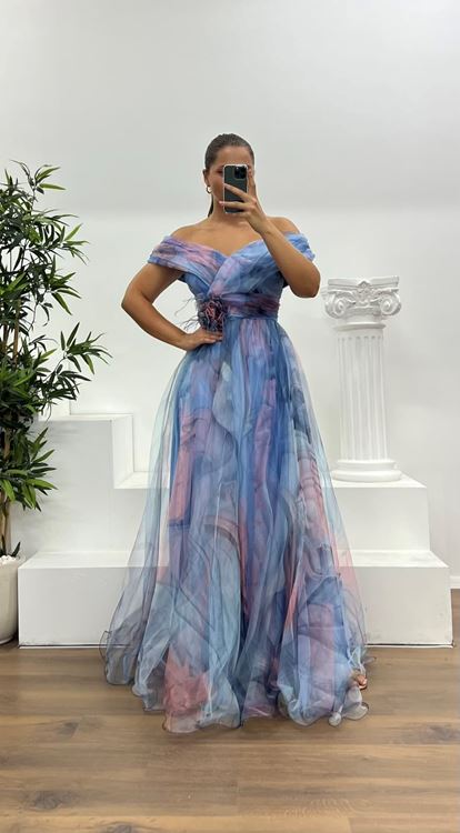 Abito da sera in tulle con colletto a fantasia Madonna, taglia comoda, colore azzurro