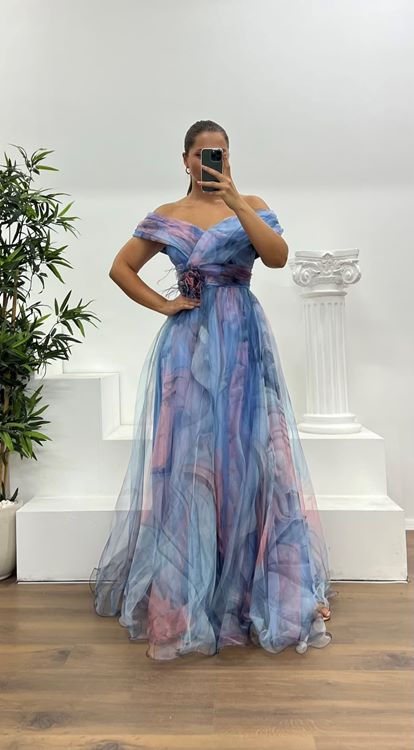 Abito da sera in tulle con colletto a fantasia Madonna, taglia comoda, colore azzurro