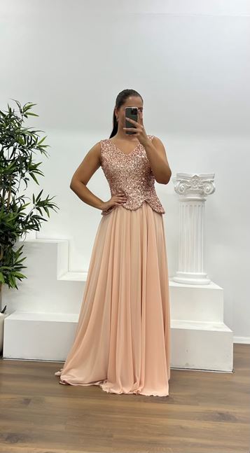 Bronz V Yaka Askılı Büyük Beden Abiye Elbise