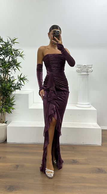 Plum Strapless Evening Dress with Gloves