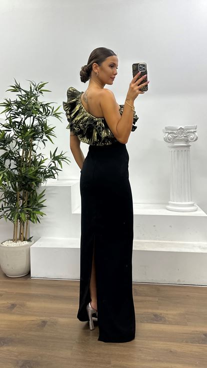 Black and Gold One Shoulder Ruffled Evening Dress