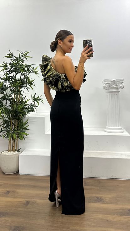 Black and Gold One Shoulder Ruffled Evening Dress