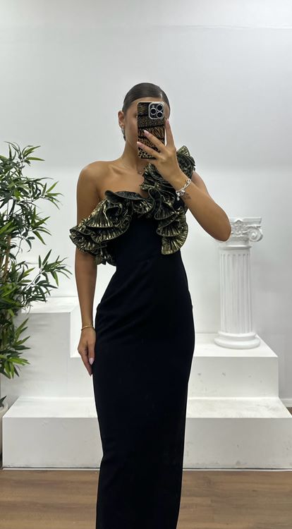 Black and Gold One Shoulder Ruffled Evening Dress