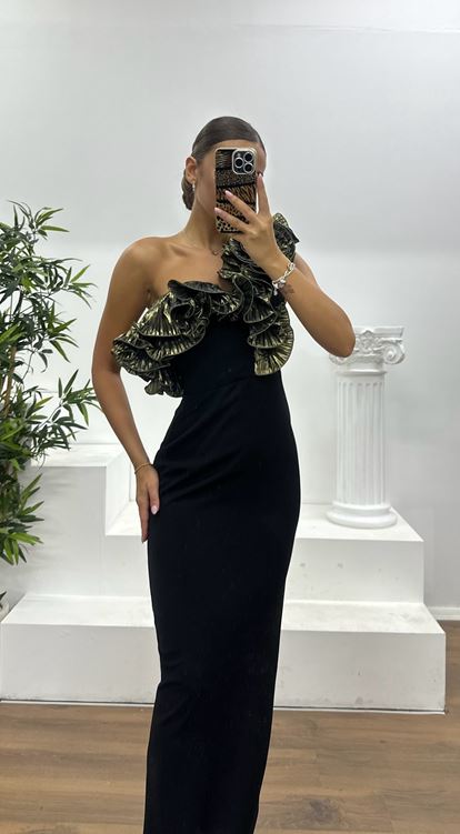 Black and Gold One Shoulder Ruffled Evening Dress